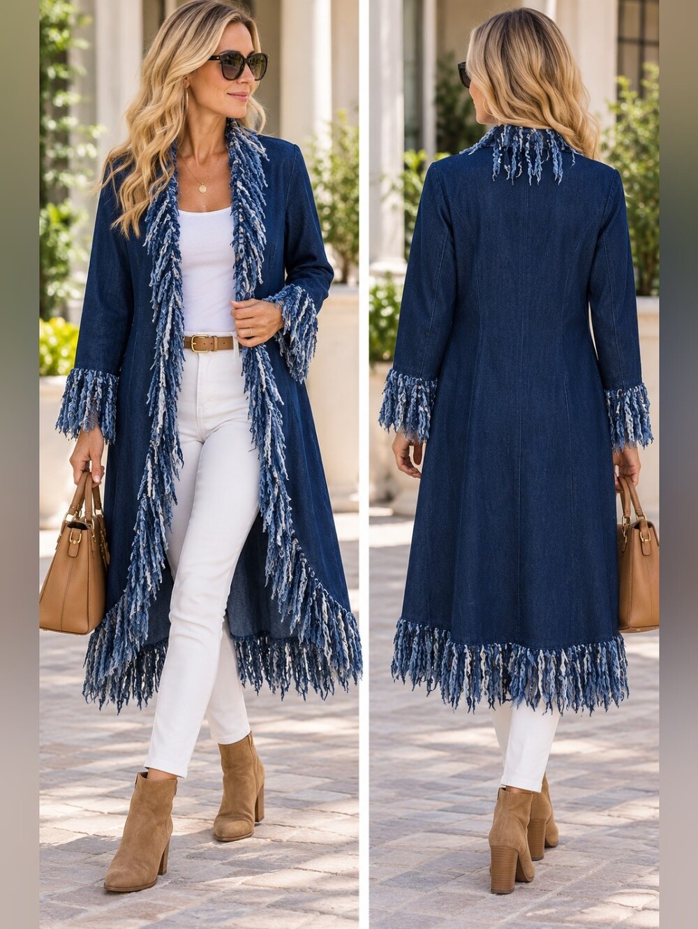 Fringed Denim Duster Coat - Deep Blue